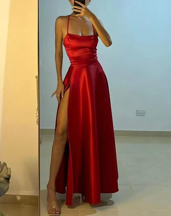 Charming Red A-Line Satin Long Party Dress with Slit Sexy Evening Dress