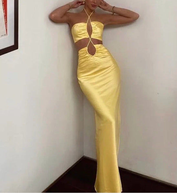 Yellow Halter Backless Slit Long Prom Dress Wedding Guest Dress Sexy Party Dress
