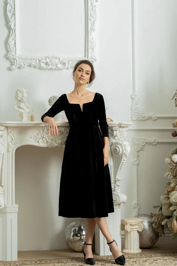 Wedding Guest Velvet Winter Vintage Dress Formal Cocktail Dress Long Sleeve Full Skirt Dress Elegant