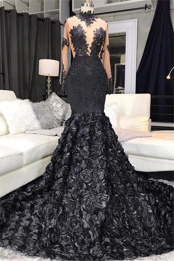 Lace Appliques Flowers High Neck Prom Dresses | Sheer Tulle Mermaid Evening Dresses,SSR1140
