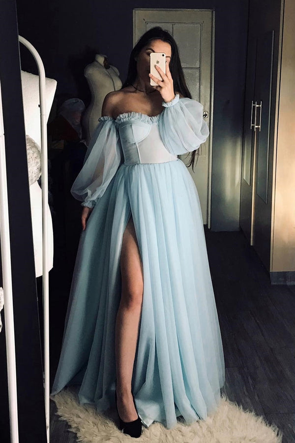 Light Blue Off the Shoulder Long Sleeves Formal Dress