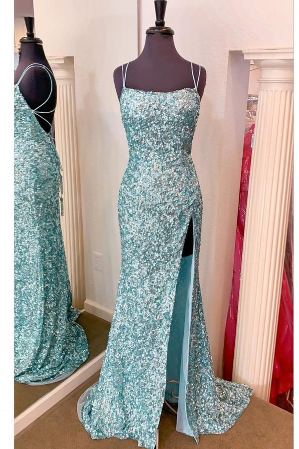 Light Blue Sequins Mermaid Side Slit Long Prom Dress