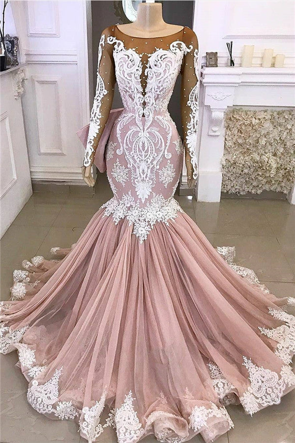 Long Sleeve Mermaid Prom Dresses | Beads Lace Appliques Pink Evening Gowns,SSR1114
