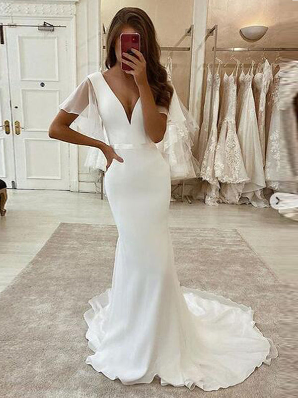 SSR1127,White mermaid wedding dresses,v-neck long wedding gown,white bridal dresses