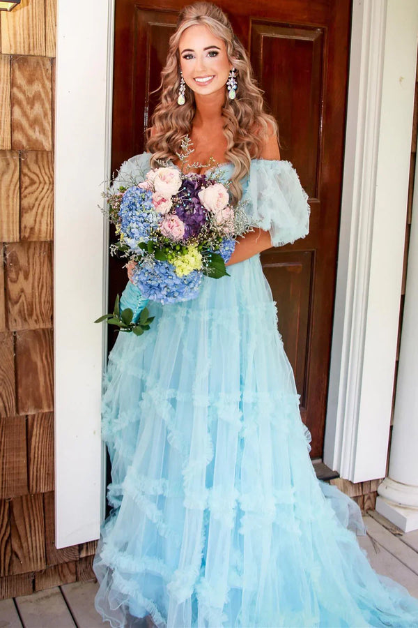 Lovely Tulle A-Line Prom Dress With Bubble Short Sleeves