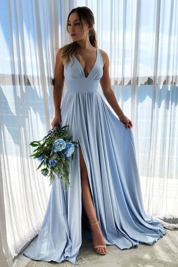 SSR0564,Discount Simple Front Split Light Blue V-neck Elegant Cheap Long Prom Dresses
