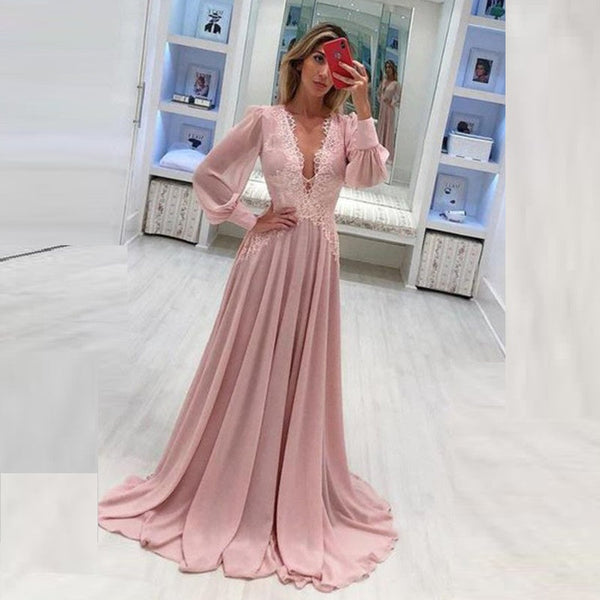 SSR0620,Light pink chiffon long prom dress v-neck long sleeves lace prom dresses