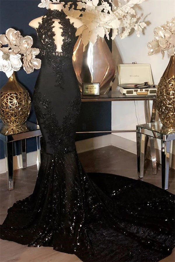 Mermaid Shiny Sequins Lace-Appliques Black Halter Prom Dresses,SSR1177