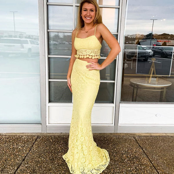 SSR0355,Light yellow lace prom dress two pieces evening dress