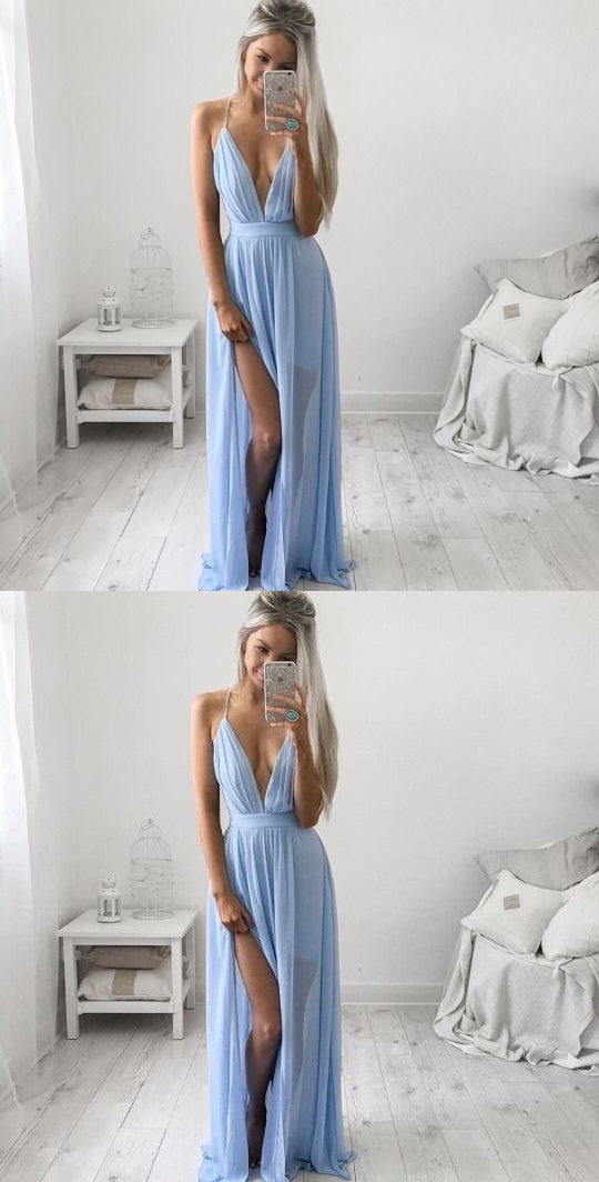 SSR1572,Sexy deep v-neck light blue chiffon prom evening dresses with side slit