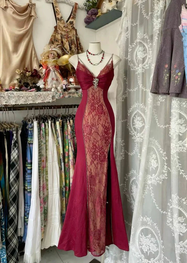 Mermaid Red Lace Spaghetti Straps Long Party Dress Prom Dresses,SSR1088