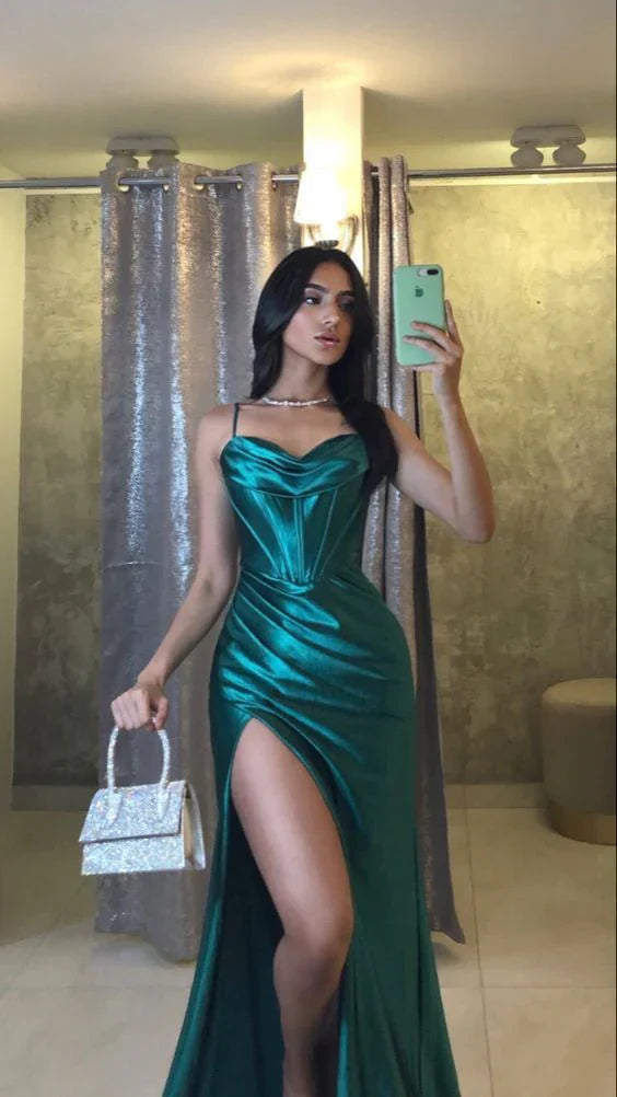 Mermaid Satin Long Prom Dress With Side Slit Charming Evening Party Dress