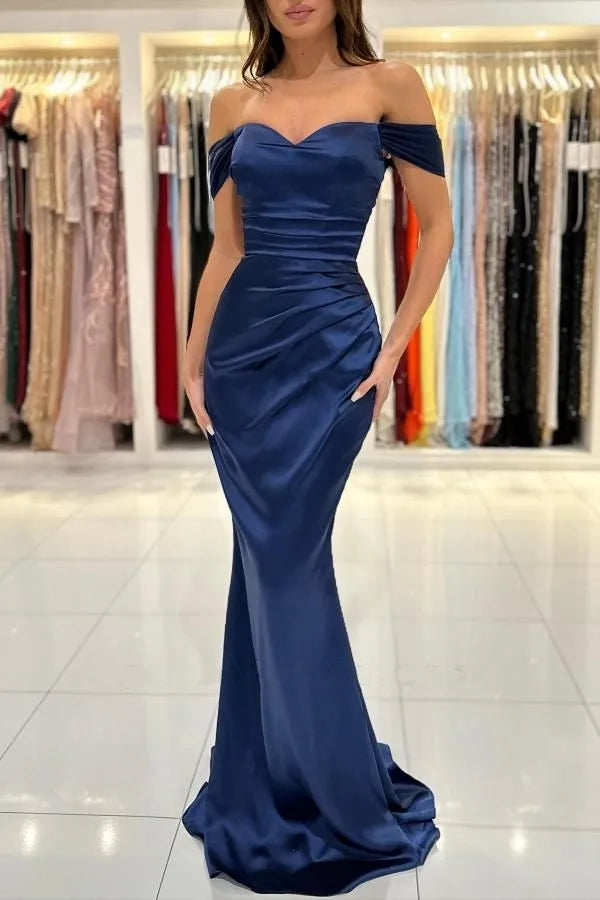 Navy Blue Off The Shoulder Mermaid Prom Dress
