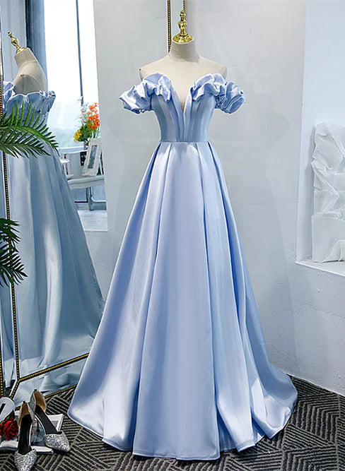 Light Blue Satin A-line Off Shoulder Long Formal Dress Evening Dress Prom Dress Elegant