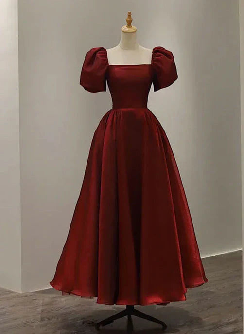 Wine Red Short Sleeves Tea Length Wedding Party Dress Prom Dress Elegant Evening Dress