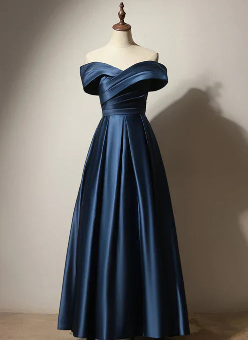 A-line Navy Blue Satin Long Party Dress Prom Dress Elegant Evening Dress Formal Dress
