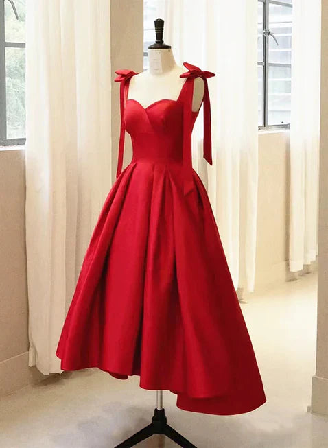 Red Satin High Low Formal Dress with Bow Prom Dress Party Dress Evening Dress Cocktail Dress