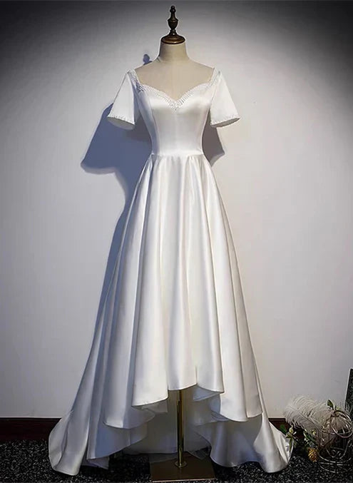 White High Low Satin Beaded Party Dress Wedding Party Dress Elegant Evening Dress Formal Dress