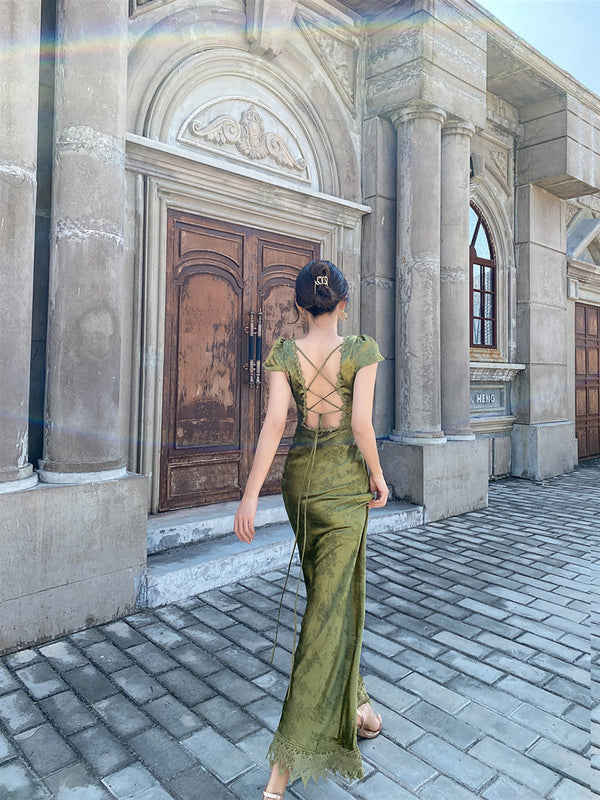 SSR1702, Olivia Green V-Neck Prom Dresses, Silk Satin Open Back Evening Party Dress