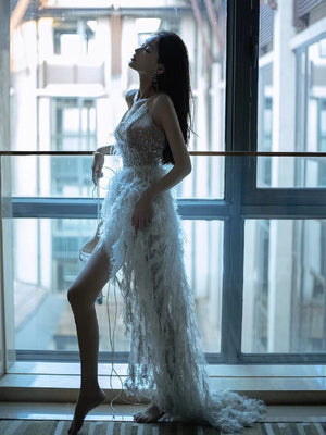 SSR1706, Stunning White Feather Hi-Lo Evening Prom Dresses