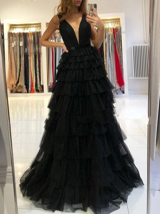 SSR0773,A Line V Neck Black Red Tulle Long Prom Dresses, Black Red Long Formal Evening Dresses