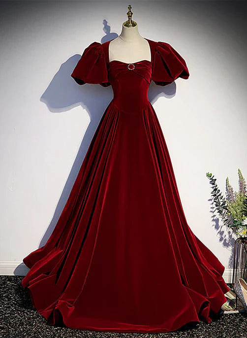 Wine Red Velvet Puffy Sleeves Long Party Dress Prom Dress Elegant Evening Dress december wedding guest dress