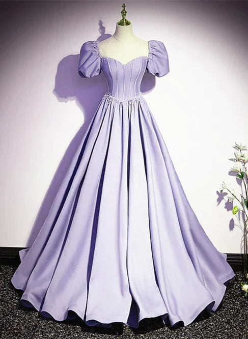 Light Purple Satin Short Sleeves Beaded Party Dress A-line Long Prom Dress Elegant Evening Dress
