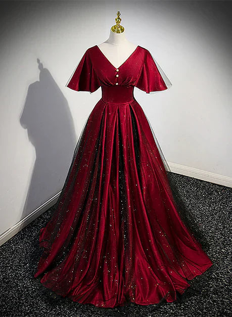 Black and Red V-neckline Long Satin Prom Dress Chic Long A-line Party Dress Elegant Evening Dress
