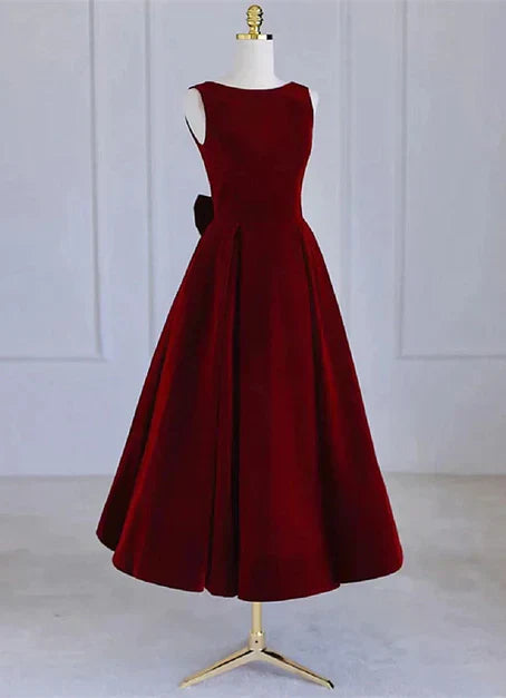 Wine Red Tea Length Velvet Party Dress with Bow Burgundy Wedding Party Dress Evening Dress