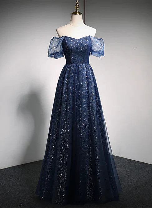 Navy Blue Long Off Shoulder A-line Prom Dress Formal Dress Elegant Evening Dress