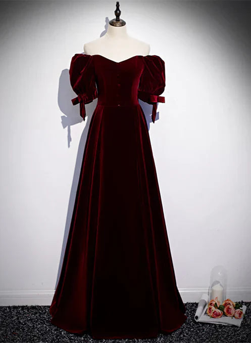 Wine Red Velvet Floor Length Short Sleeves Party Dress A-line Bridesmaid Dress Elegant Evening Dress