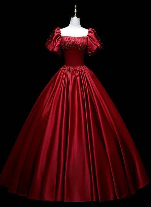 Wine Red Satin Beaded Ball Gown Sweet 16 Dress Evening Formal Dress Short Sleeves Elegant