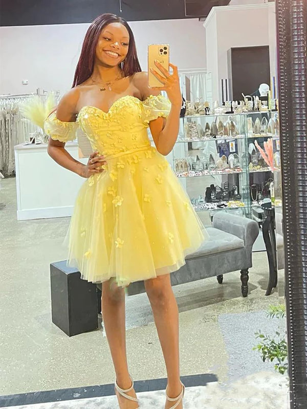 Off The Shoulder Floral Yellow Short Homecoming Dress, SSR2897
