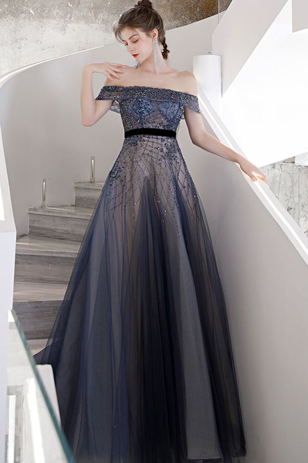 Off the Shoulder Beaded Blue Long Formal Dress