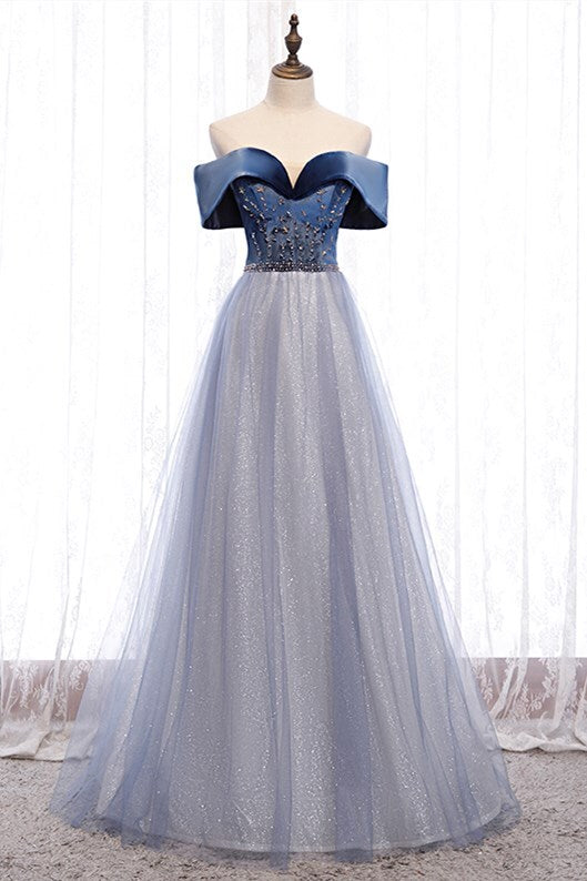Off the Shoulder Blue Long Prom Dress
