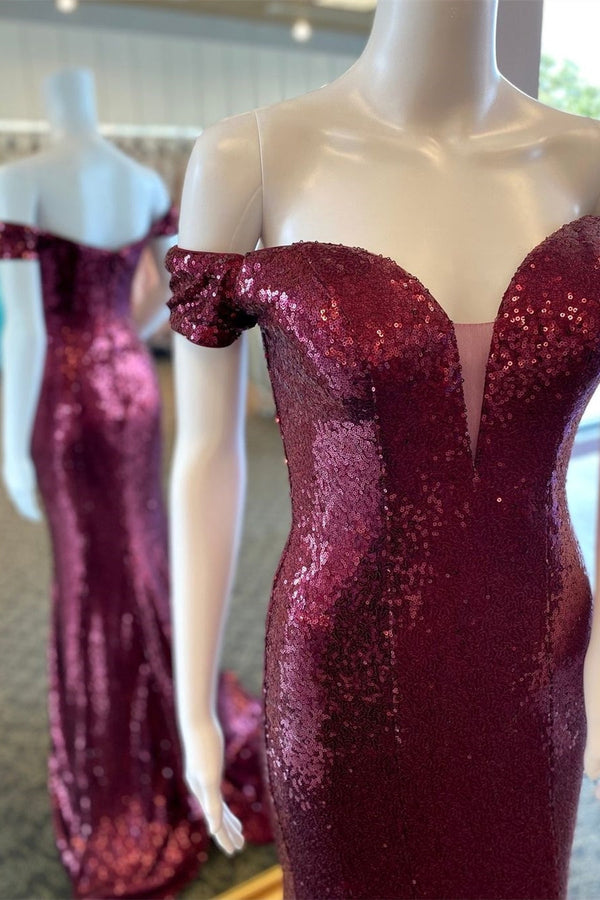 Off the Shoulder Burgundy Sequin Mermaid Prom Dress
