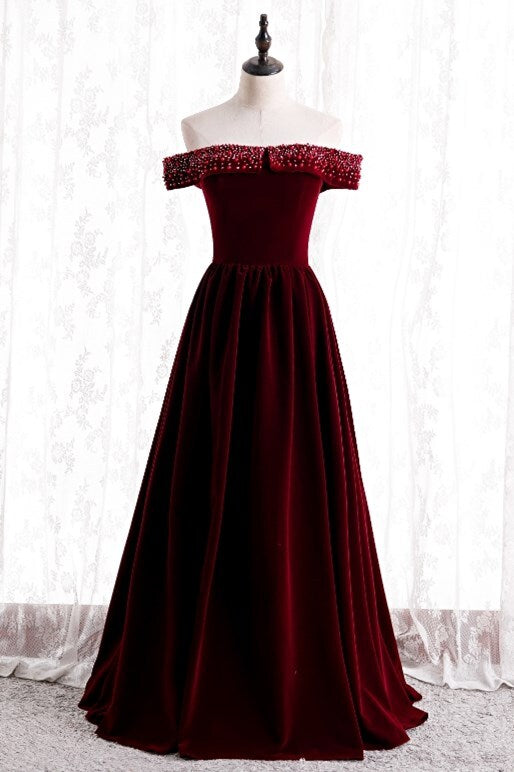 Off the Shoulder Burgundy Velvet Long Formal Dress