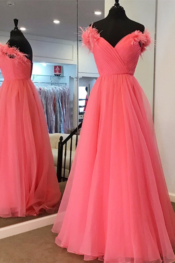 Off the Shoulder Coral A-line Tulle Princess Dress
