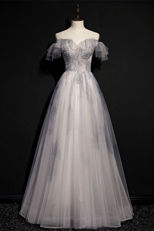 Off the Shoulder Grey Long Formal Dress
