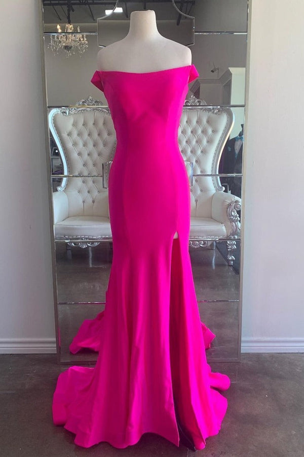 Off the Shoulder Neon Pink Mermaid Long Formal Dress