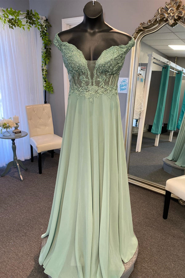 Off the Shoulder Sage Green Appliques Chiffon Long Formal Dress
