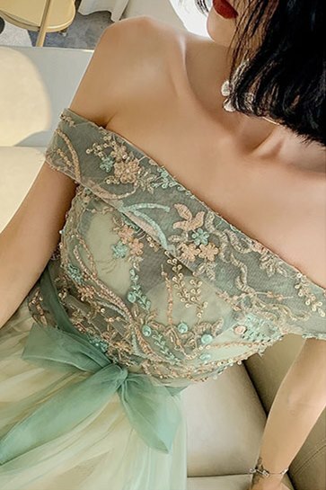 Off the Shoulder Sage Green Tulle Formal Dress