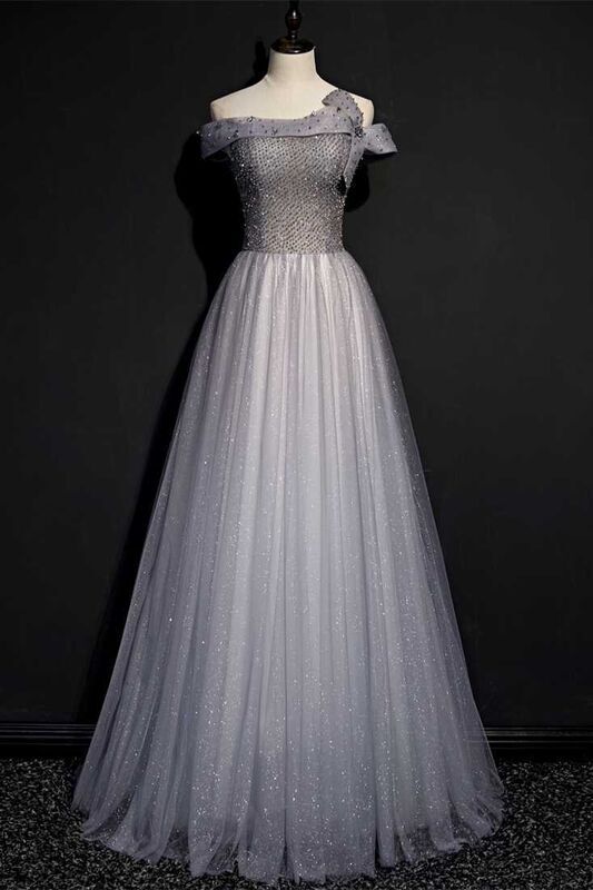 Off the Shuolder Grey Beaded Long Party Dress