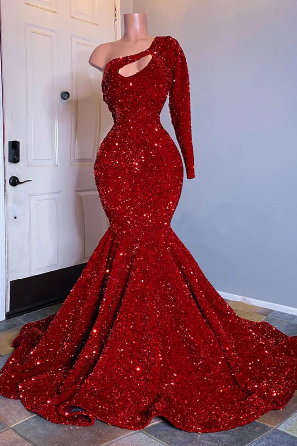 One Shoulder Mermaid Red Prom Dresses | Sequins Evening Gowns,SSR1152