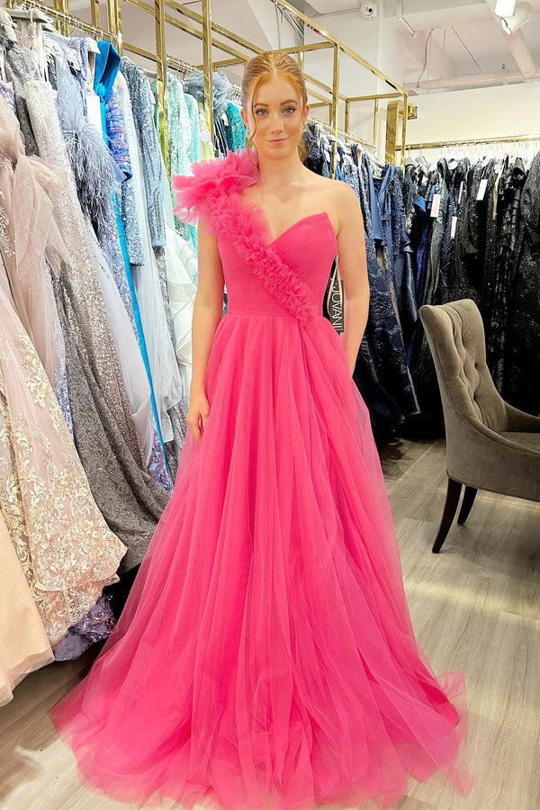 One Shoulder Hot Pink Pleated Long Formal Dress