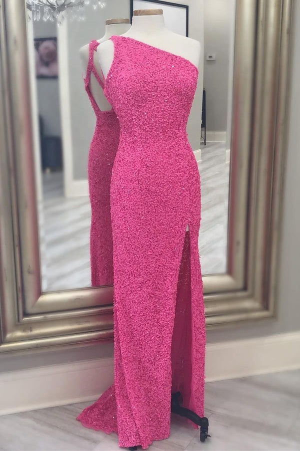 One Shoulder Hot Pink Sequins Mermaid Long Prom Dress