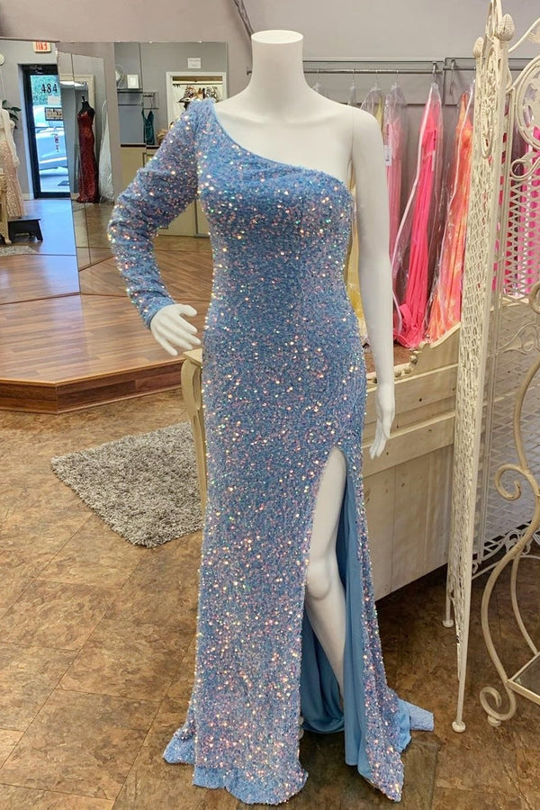 One Shoulder Light Blue Sequin Mermaid Long Prom Dress with Slit