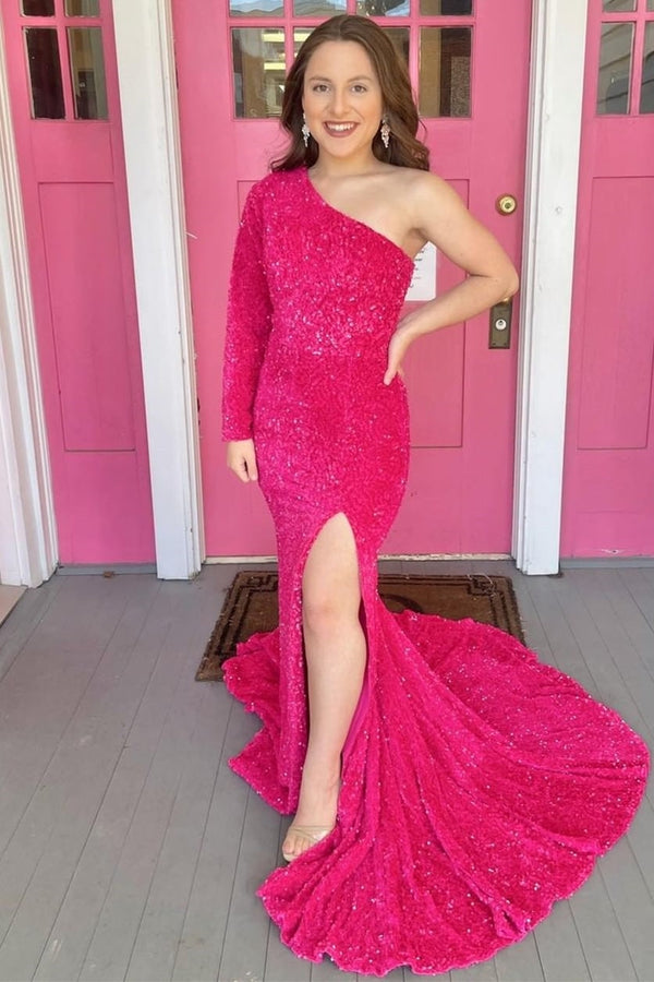 One Shoulder Long Sleeve Hot Pink Sequin Mermaid Long Formal Dress