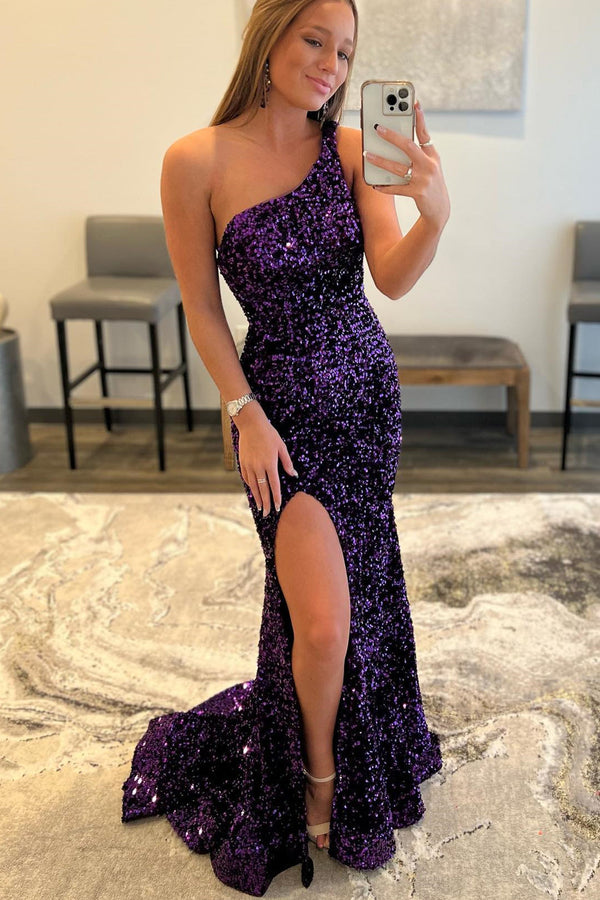 One Shoulder Purple Sequin Mermaid Long Formal Dress