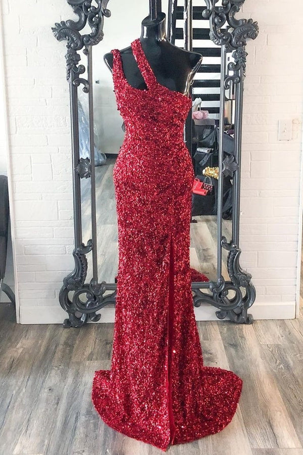 One Shoulder Red Sequins Mermaid Long Prom Dress